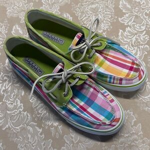 Sperry Multicolor Plaid Sneakers with Green & Pink Ladies Size 8
